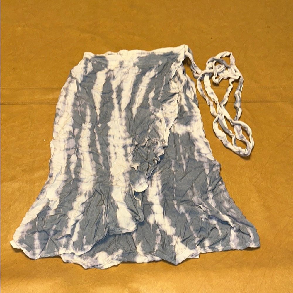 White and Blue Ruffled Wrap Midi Skirt